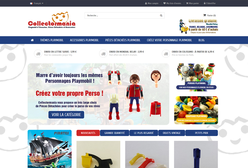 Refonte et mise à jour prestashop boutique playmobil Collectormania, développement prestashop, migration prestashop et design template et thème