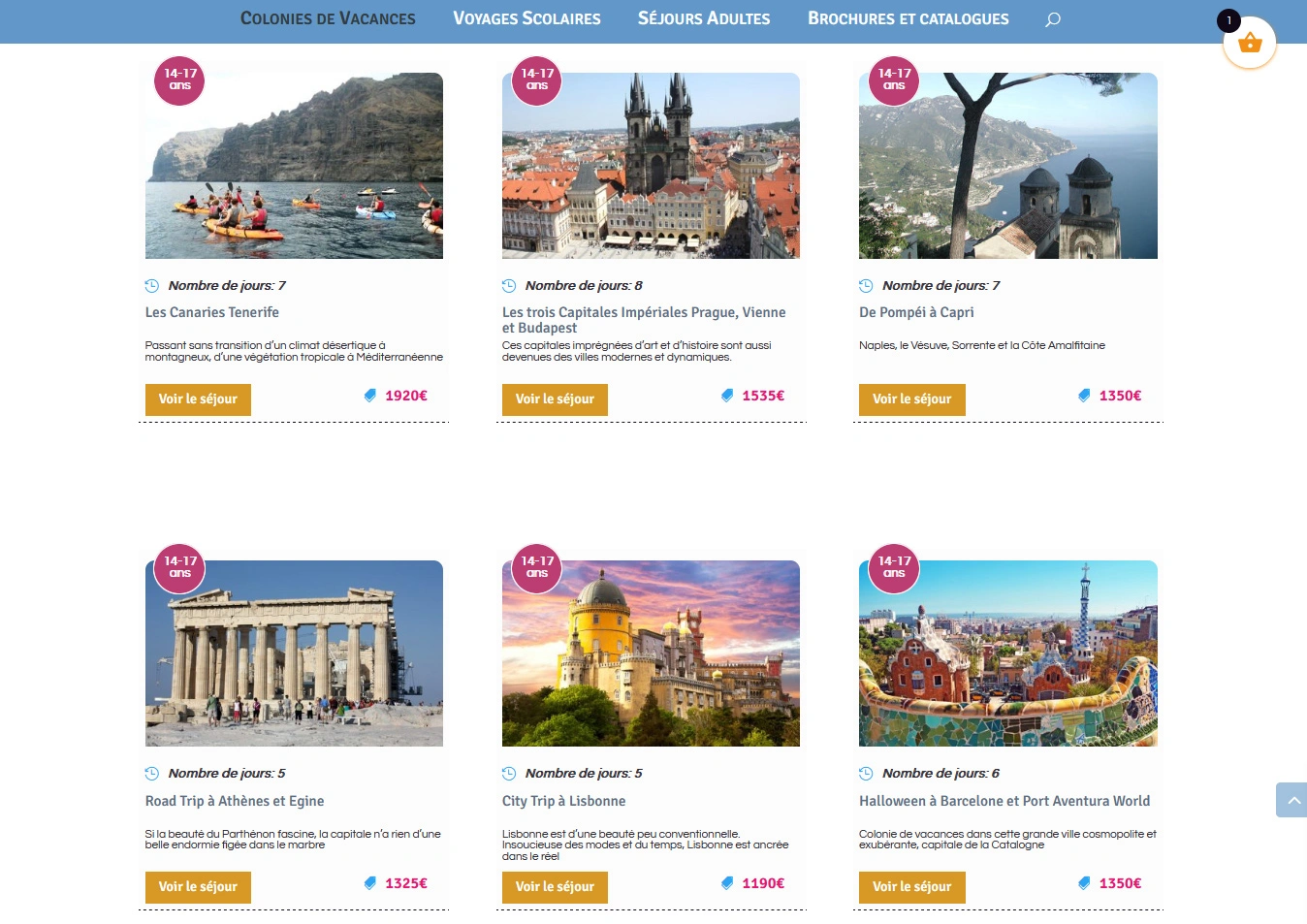 Liste séjours Woocommerce colonie de vacances Nouvelles Vagues